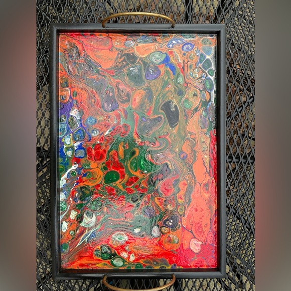 Gorgeous Handmade Original Colorfully Painted Wooden Brass Handle Serving Tray! - Picture 10 of 15